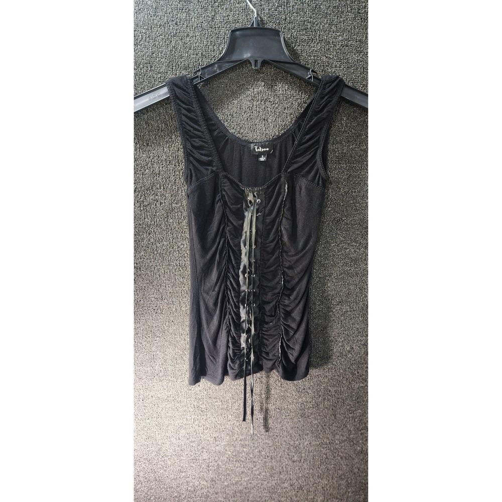 Vintage Y2K Taboo Black Lace-Up Ruched Corset Tank Top, Goth Fairy Grunge Style